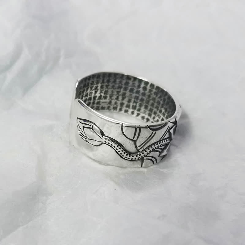Wear FengShui 999 Sterling Silver Lotus Symbol Heart Sutra Protection Ring
