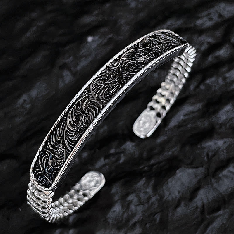 Wear FengShui Tang Dynasty Flower Design Engraved Copper Luck Cuff Bracelet Bangle Adjustable Ring