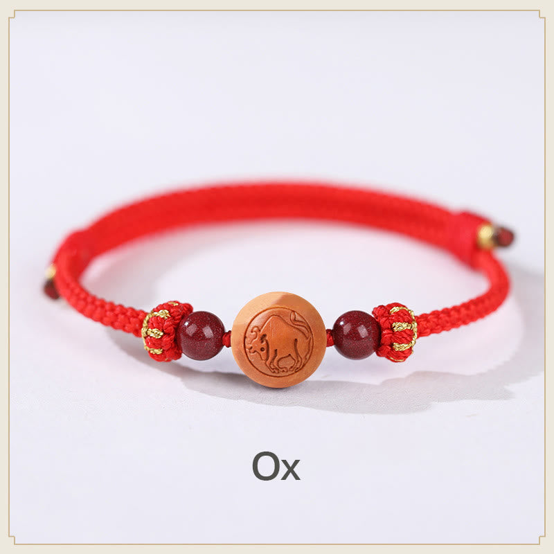 Wear FengShui Natural Peach Wood Chinese Zodiac Fu Character Carved Cinnabar Wealth Bracelet
