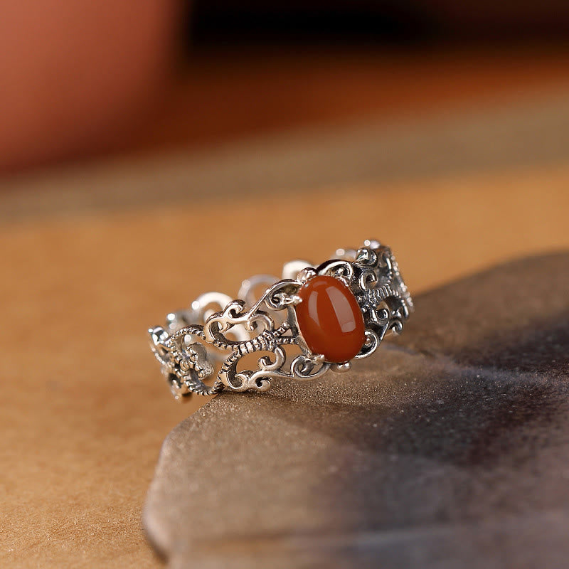Wear FengShui 925 Sterling Silver Vintage Red Agate Self-acceptance Calm Ring