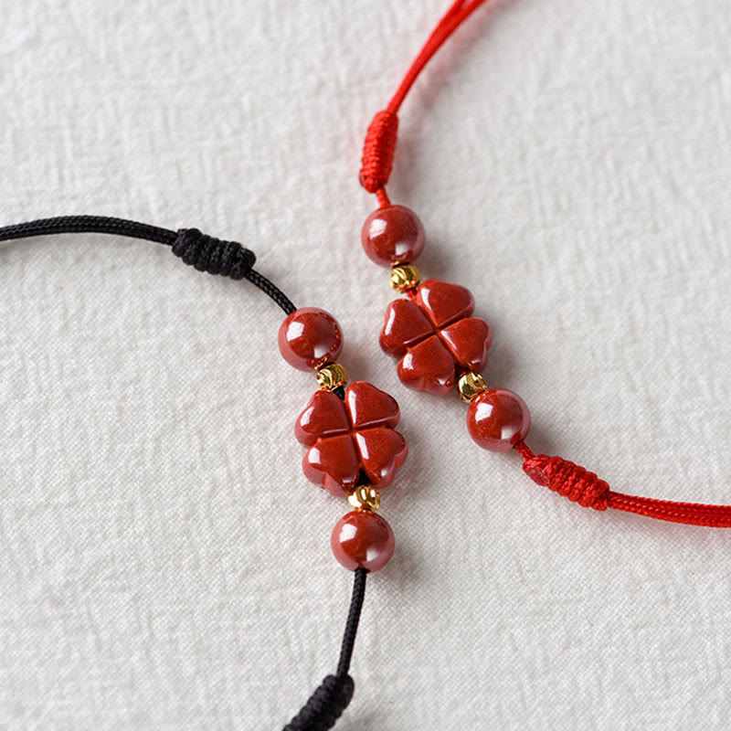 Wear FengShui Four Leaf Clover Cinnabar Blessing Calm String Bracelet Anklet