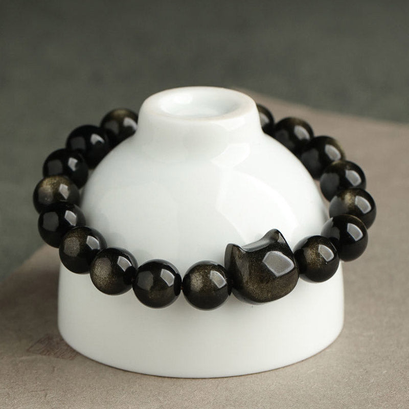 Wear FengShui Gold Sheen Obsidian Silver Sheen Obsidian Lovely Paw Lucky Cat Protection Bracelet