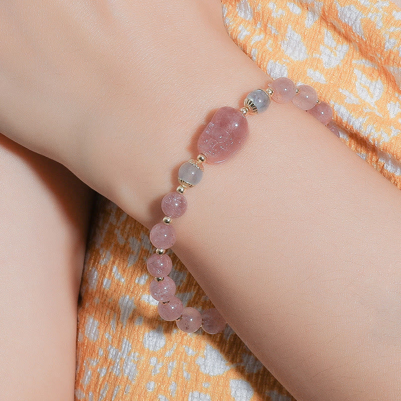Wear FengShui Moonstone Strawberry Quartz Tourmaline PiXiu Healing Bracelet