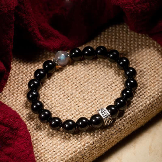 Wear FengShui Chinese Zodiac Natal Buddha 925 Sterling Silver Black Obsidian Moonstone Strength Bracelet