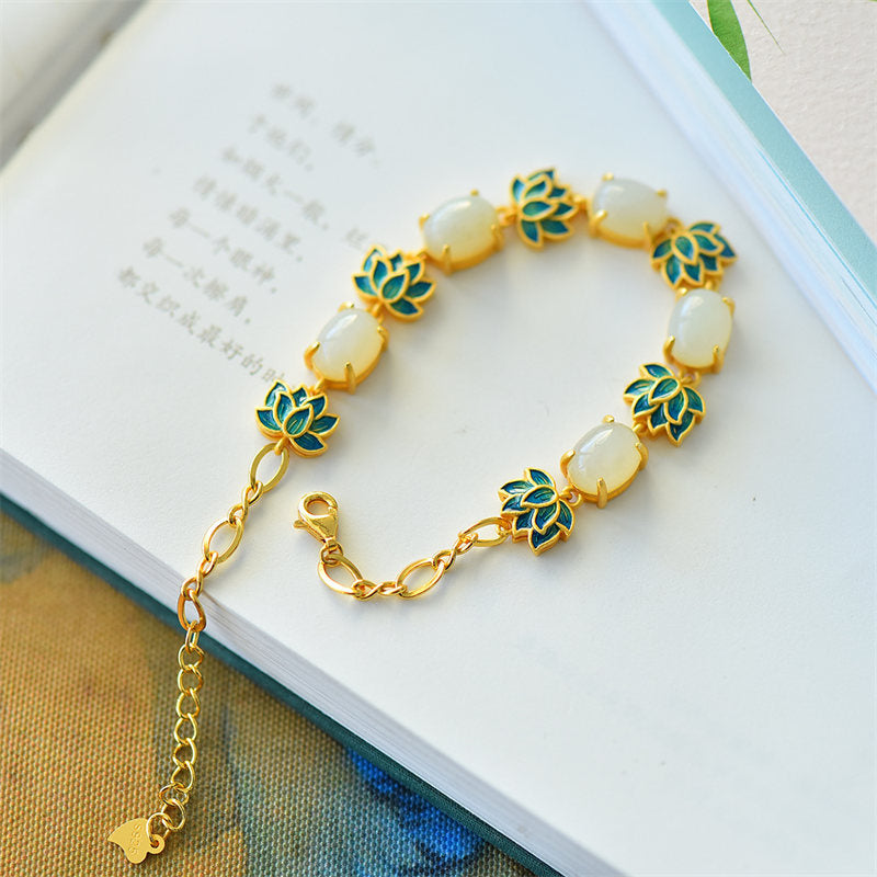 Wear FengShui White Jade Cyan Jade Lotus Protection Bracelet