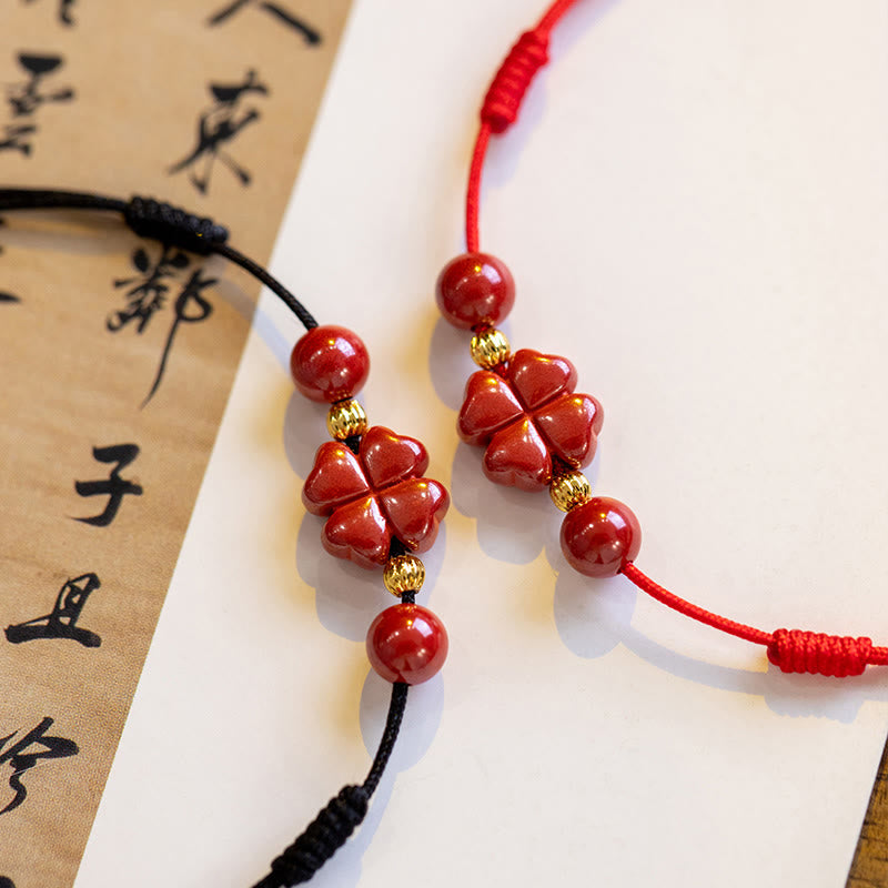 Wear FengShui Four Leaf Clover Cinnabar Blessing Calm String Bracelet Anklet