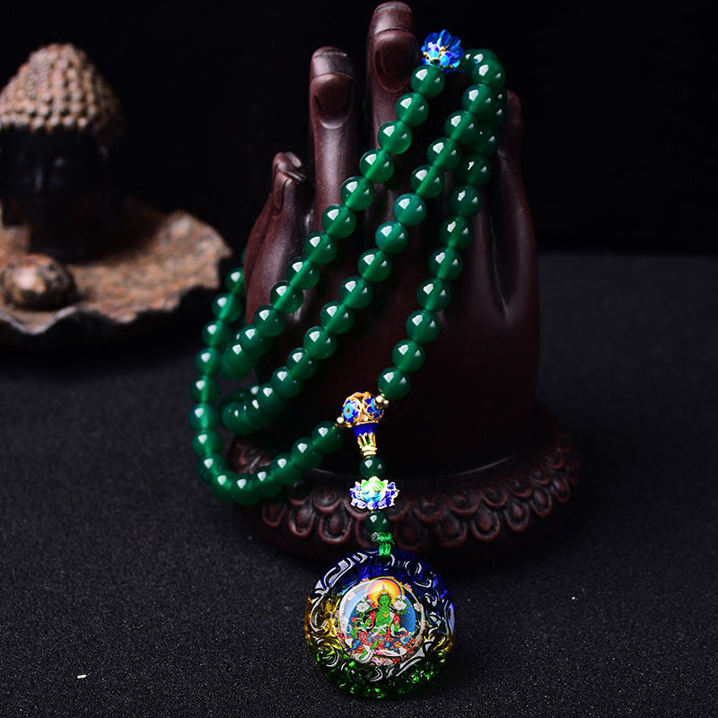 Wear FengShui 108 Mala Beads Natural Green Agate Bodhisattva Green Tara Manifestation Charm Bracelet