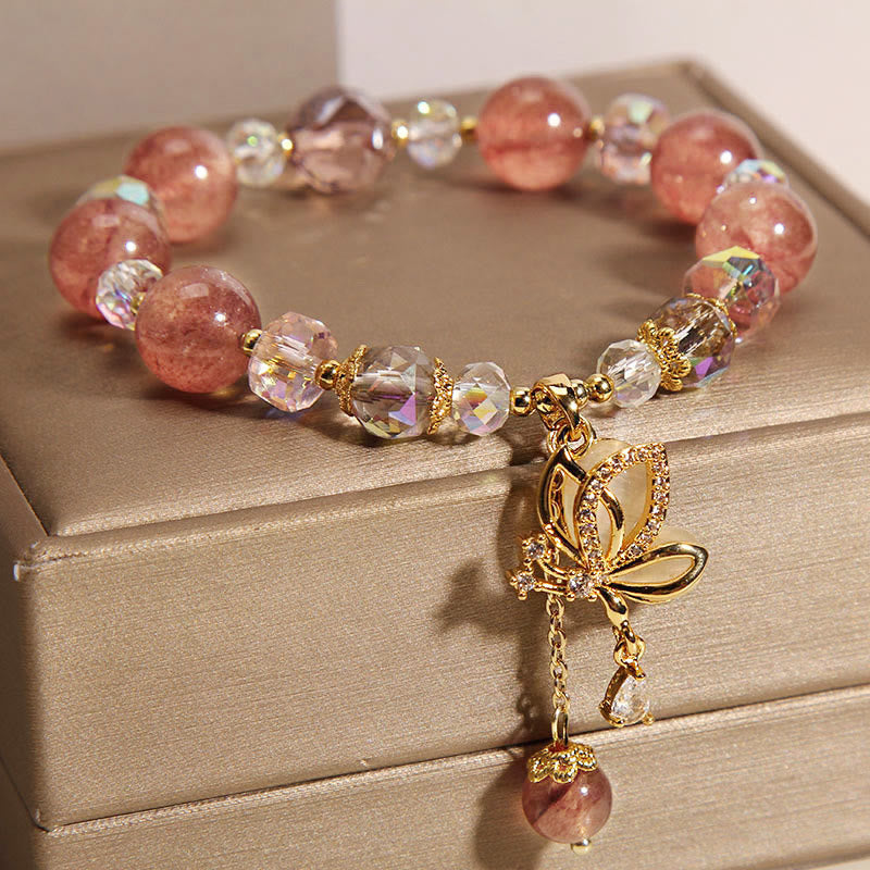 Wear FengShui Natural Strawberry Quartz Healing Positive Butterfly Charm Bracelet