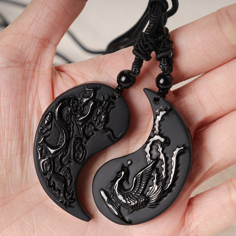 Wear FengShui Black Obsidian Yin Yang Dragon Phoenix Luck Necklace Pendant