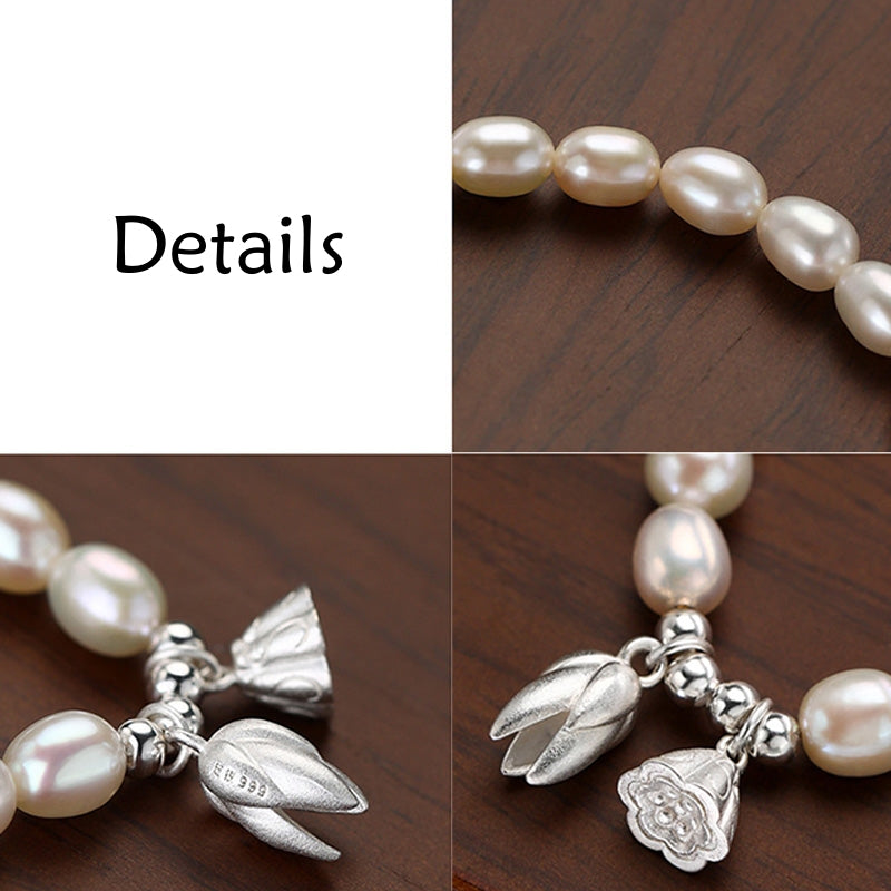 Wear FengShui 999 Sterling Silver Lotus Flower Pod Natural Pearl Healing Bracelet