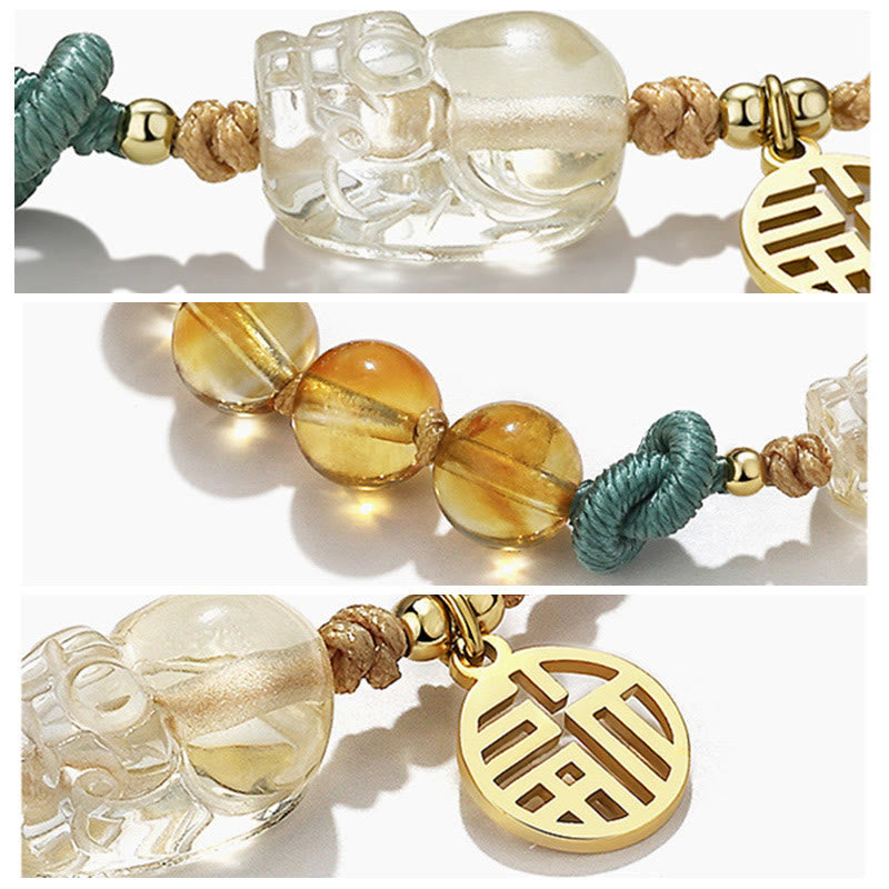 Wear FengShui Citrine PiXiu Fu Character Prosperity String Braided Bracelet