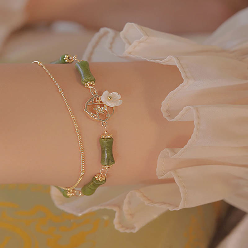 Wear FengShui 14k Gold Plated Copper Peridot Bamboo Flower Wealth Double Layer Bracelet