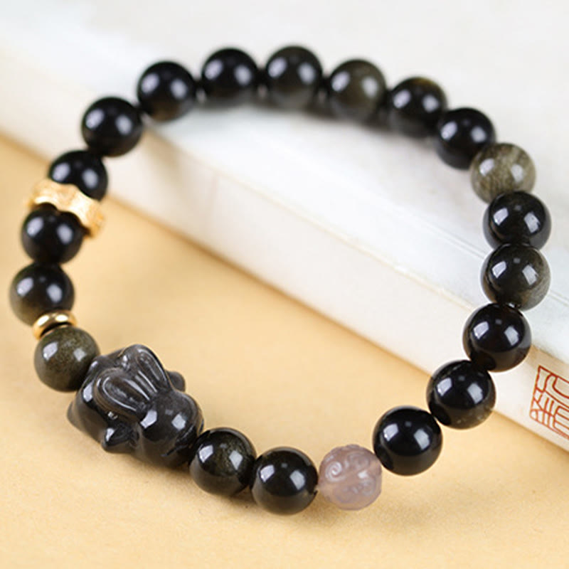 Wear FengShui Gold Sheen Obsidian Black Obsidian Silver Sheen Obsidian Cute Rabbit Protection Bracelet