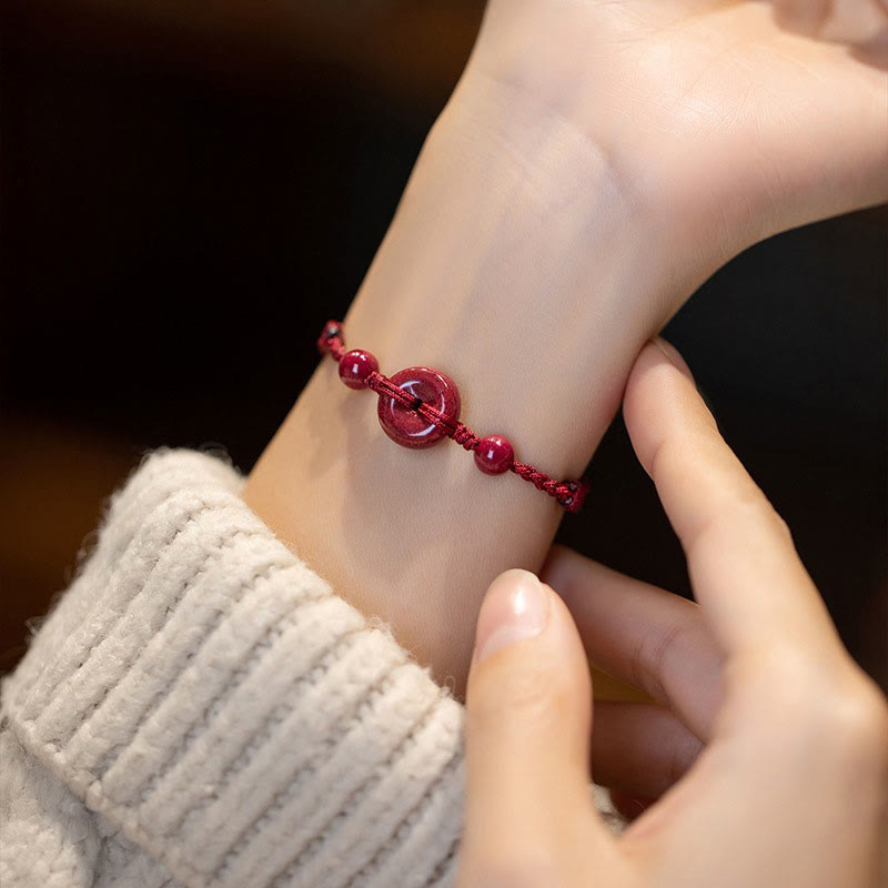 Wear FengShui Handmade Cinnabar Peace Buckle Safe and Healthy Charm Blessing String Bracelet Anklet