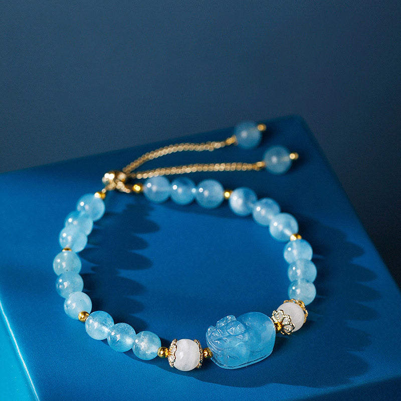Wear FengShui Aquamarine Strawberry Quartz Amethyst Moonstone PiXiu Healing Bracelet