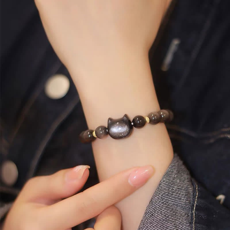 Wear FengShui Gold Sheen Obsidian Silver Sheen Obsidian Lovely Paw Lucky Cat Protection Bracelet