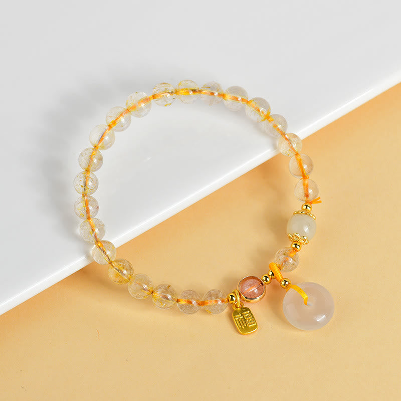 Wear FengShui Natural Golden Rutilated Quartz Fu Character Peace Buckle Charm Wealth Bracelet