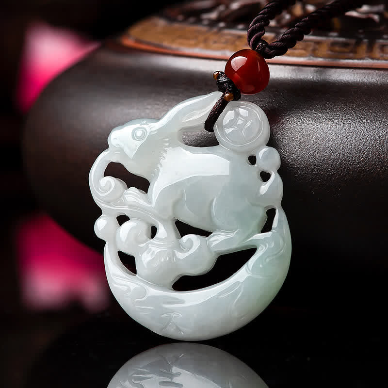 Wear FengShui Year of the Rabbit White Jade Crescent Moon Protection Necklace Pendant