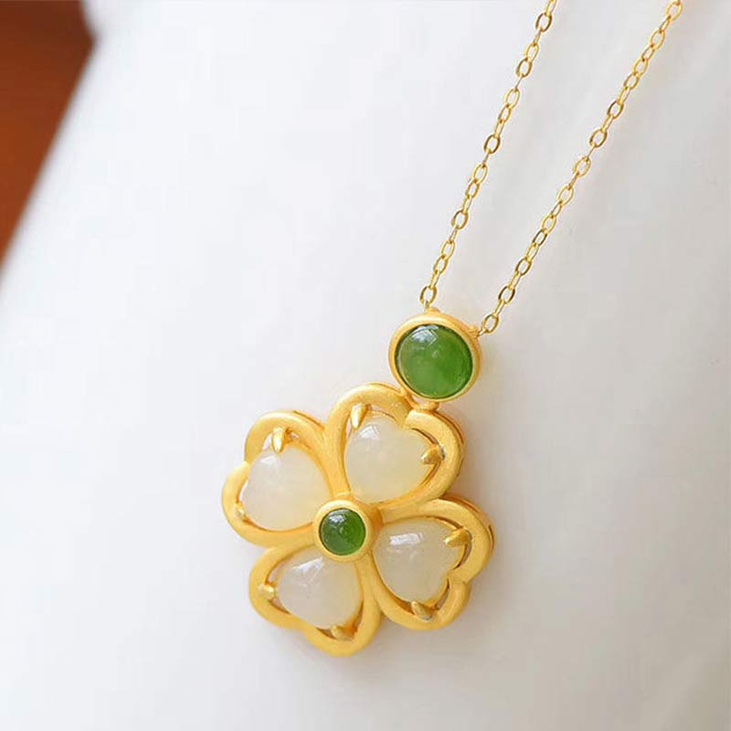 Wear FengShui 925 Sterling Silver Lucky Four Leaf Clover Jade Prosperity Necklace Chain Pendant