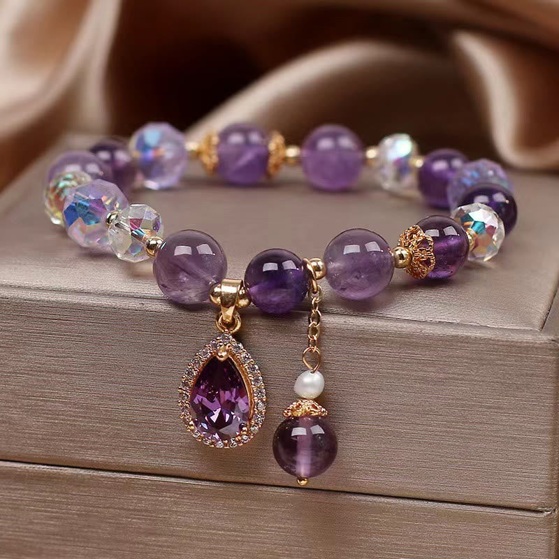 Wear FengShui Natural Amethyst Zircon Love Heart Healing Soul Charm Bracelet
