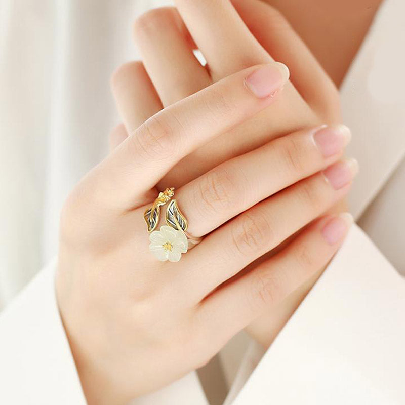 Wear FengShui 925 Silver Plated Copper White Jade Plum Flower Leaf Luck Ring