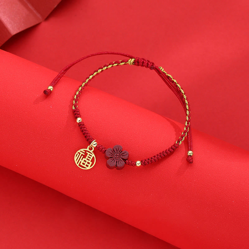 Wear FengShui Cinnabar Flower Fu Character Blessing Braided String Bracelet
