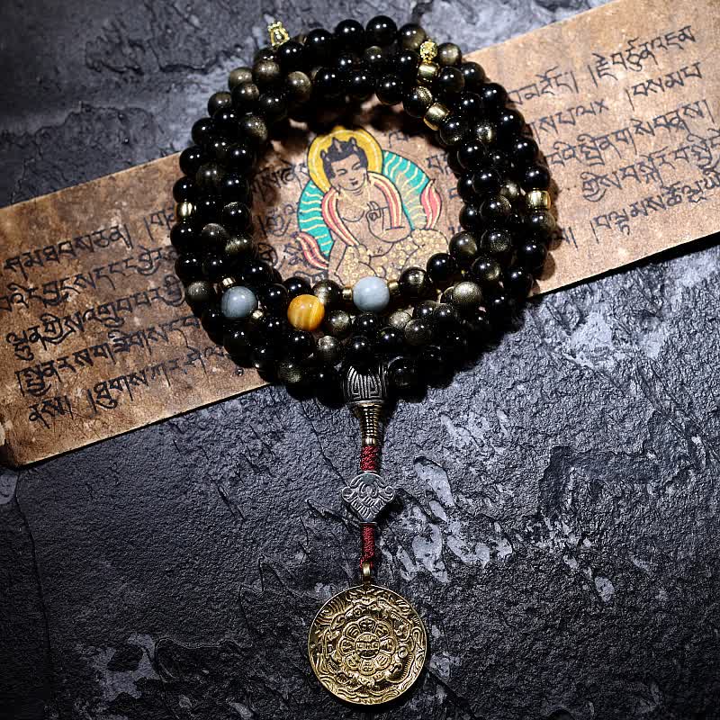 Wear FengShui 108 Mala Beads Gold Sheen Obsidian Tiger Eye Eagle's Eye Stone Wealth Bracelet