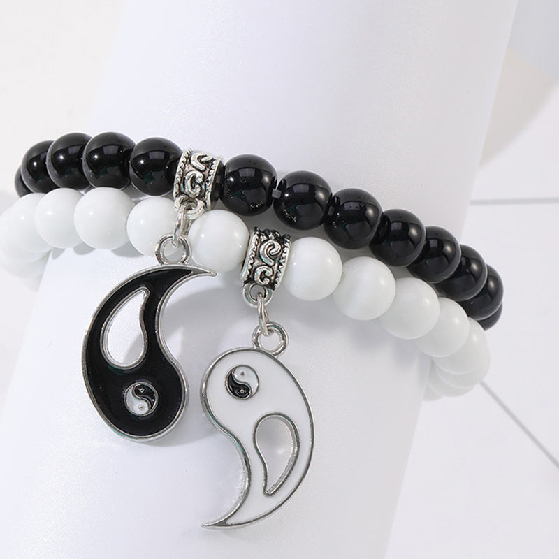 Wear FengShui 2Pcs Black Onyx White Turquoise Bead Yin Yang Protection Couple Bracelet