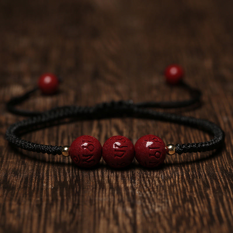 Wear FengShui Handmade Cinnabar Om Mani Padme Hum Engraved Beads Blessing Braided Bracelet