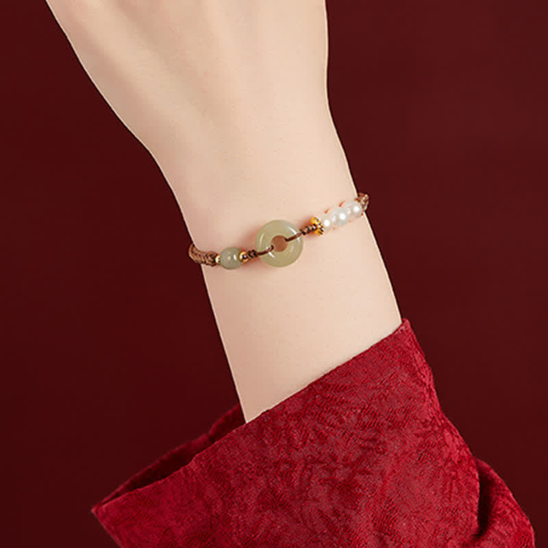 Wear FengShui Natural Hetian Jade Pearl Peace Buckle Luck Bracelet