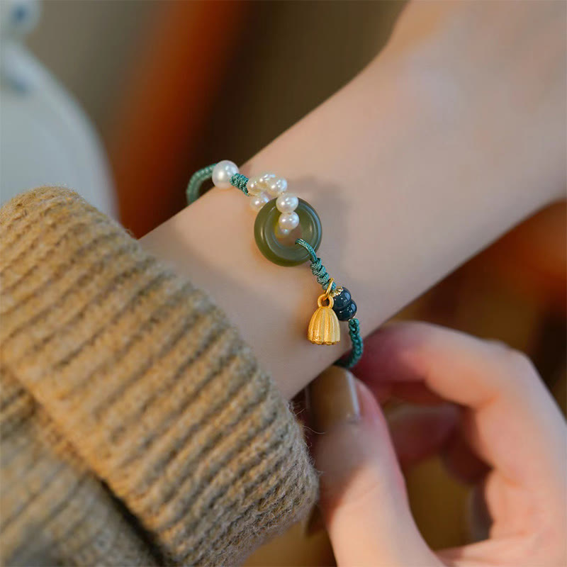 Wear FengShui Natural Hetian Jade Peace Buckle Pearl Luck Handcrafted Braided Bracelet
