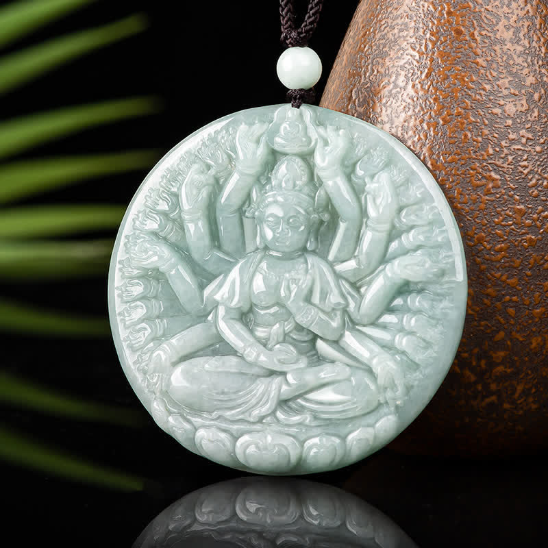 Wear FengShui Thousand-Hand Kwan Yin Avalokitesvara Jade Blessing String Necklace Pendant