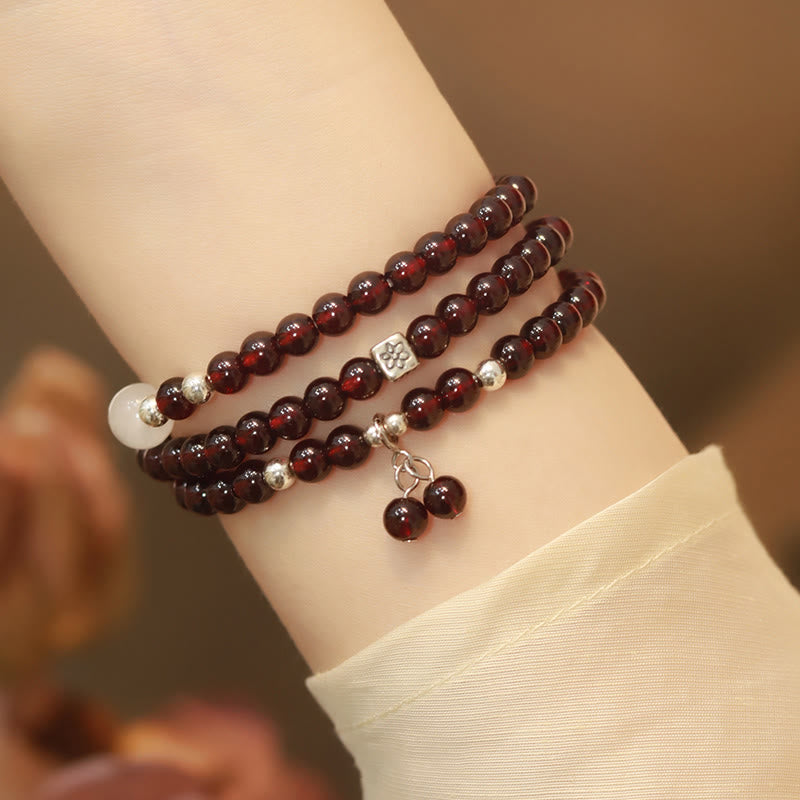 Wear FengShui 925 Sterling Silver Natural Garnet Cat Eye Protection Triple Wrap Bracelet