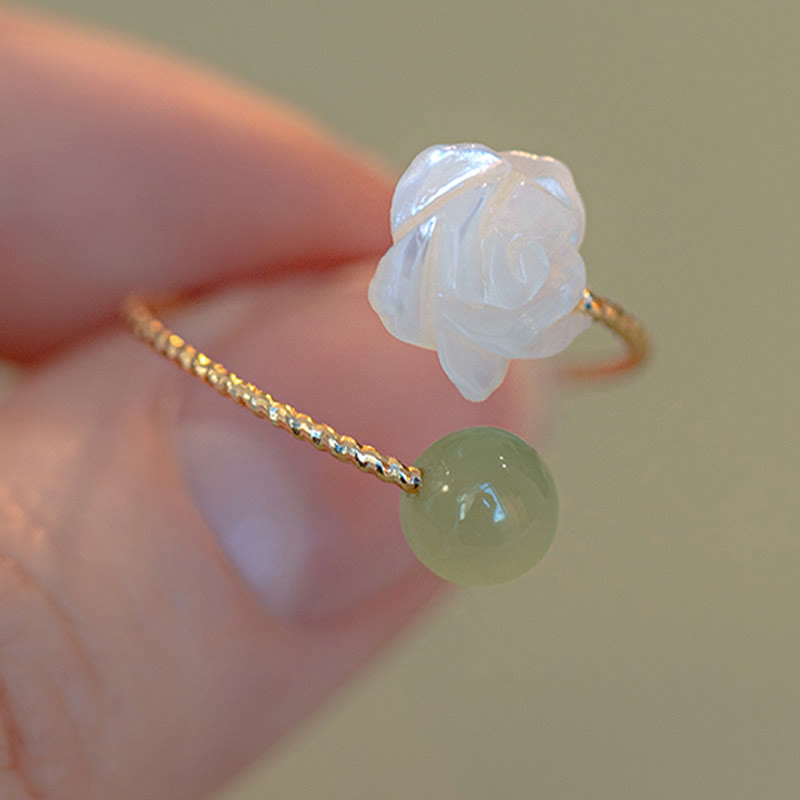 Wear FengShui 14K Gold Plated Tridacna Stone Rose Flower Jade Bead Blessing Ring