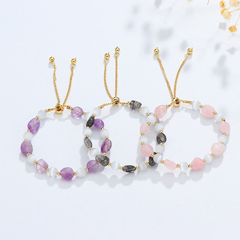 Wear FengShui Amethyst Pink Crystal Black Rutilated Quartz Spiritual Awareness Bracelet