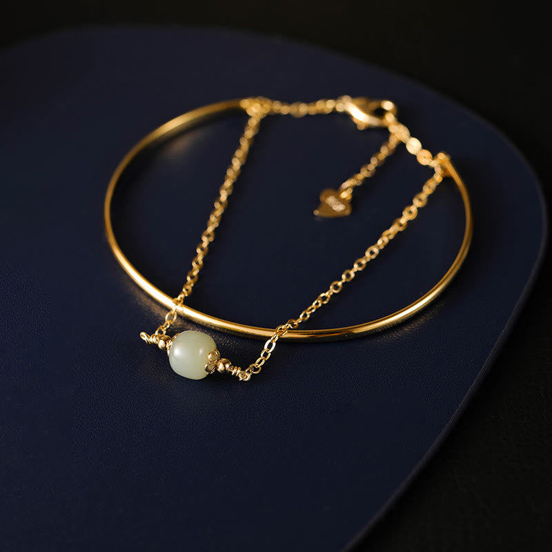Wear FengShui Copper Plated Gold Hetian Jade Bead Luck Double Layer Bracelet Bangle