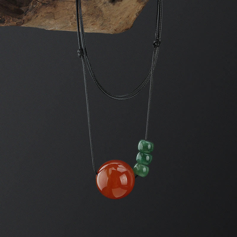 Wear FengShui Red Agate Green Aventurine Green Bodhi Seed Bead Calm Leather Rope Necklace Pendant