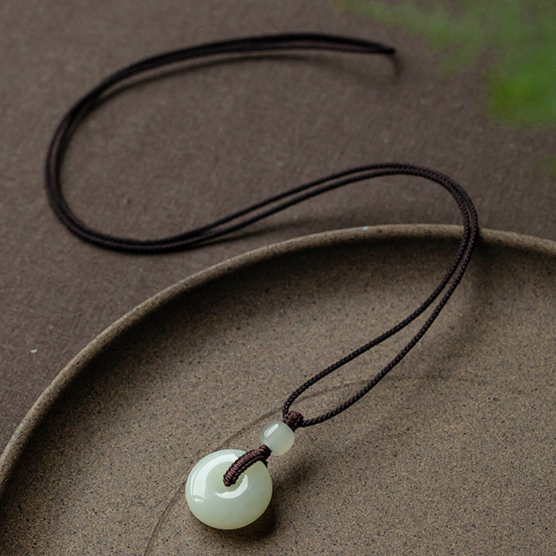 Wear FengShui Natural Round Jade Peace Buckle Luck Prosperity Necklace Pendant
