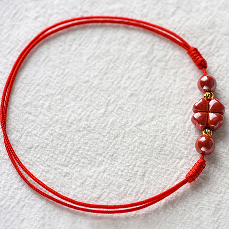 Wear FengShui Four Leaf Clover Cinnabar Blessing Calm String Bracelet Anklet