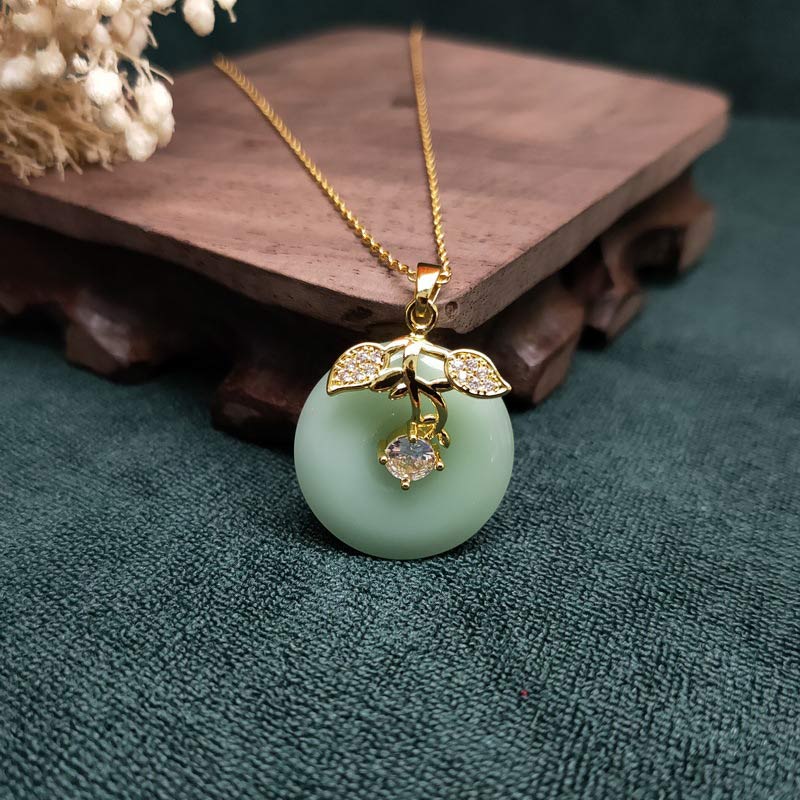 Wear FengShui Round Jade Leaf Blessing Fortune Necklace Chain Pendant