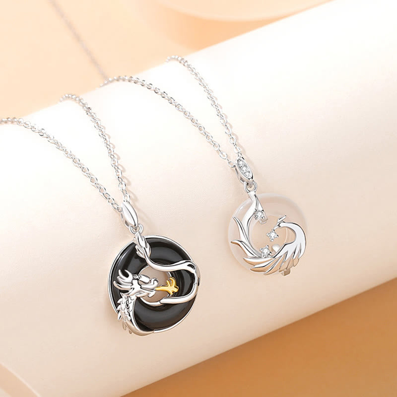 Wear FengShui 925 Sterling Silver Year of the Dragon Natural Black Onyx Chalcedony Dragon Phoenix Peace Buckle Protection Necklace Pendant