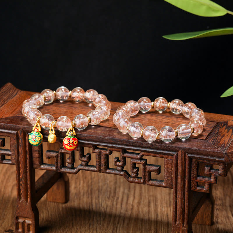 Wear FengShui Gold Swallowing Beast Family Charm Luminous Fluorescent Liuli Glass Bead Success Bracelet