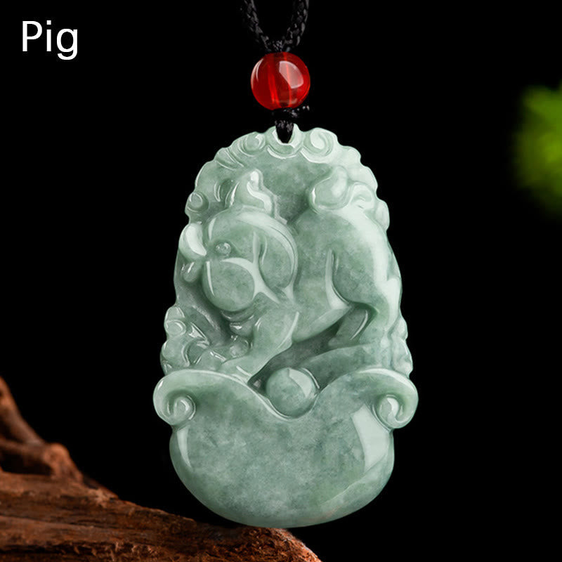 Wear FengShui Natural Green Jade 12 Chinese Zodiac Luck Prosperity Necklace Pendant