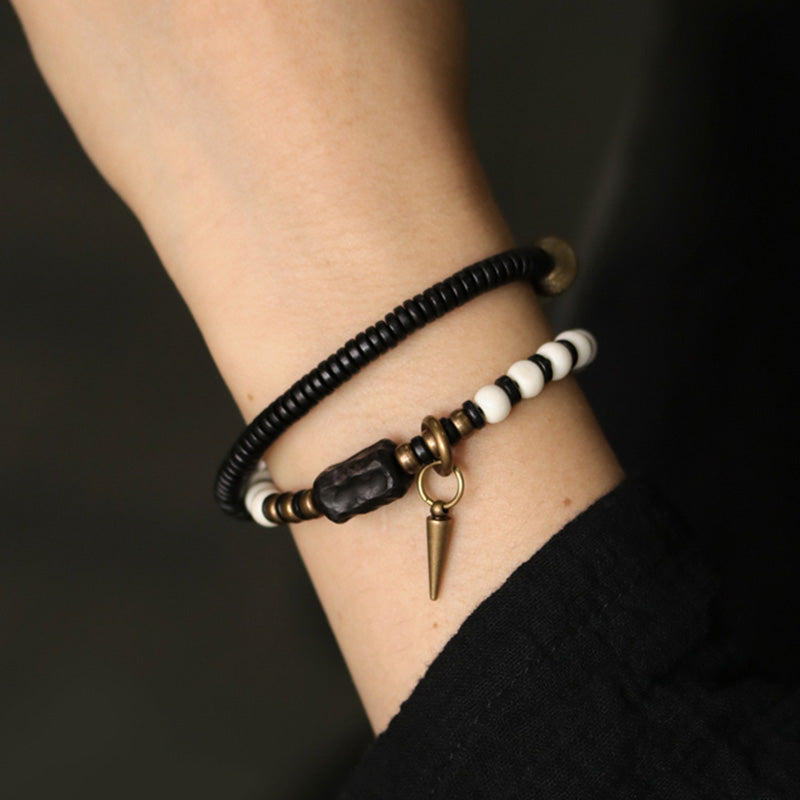 Wear FengShui Bone Beads Ebony Wood Copper Strength Couple Bracelet
