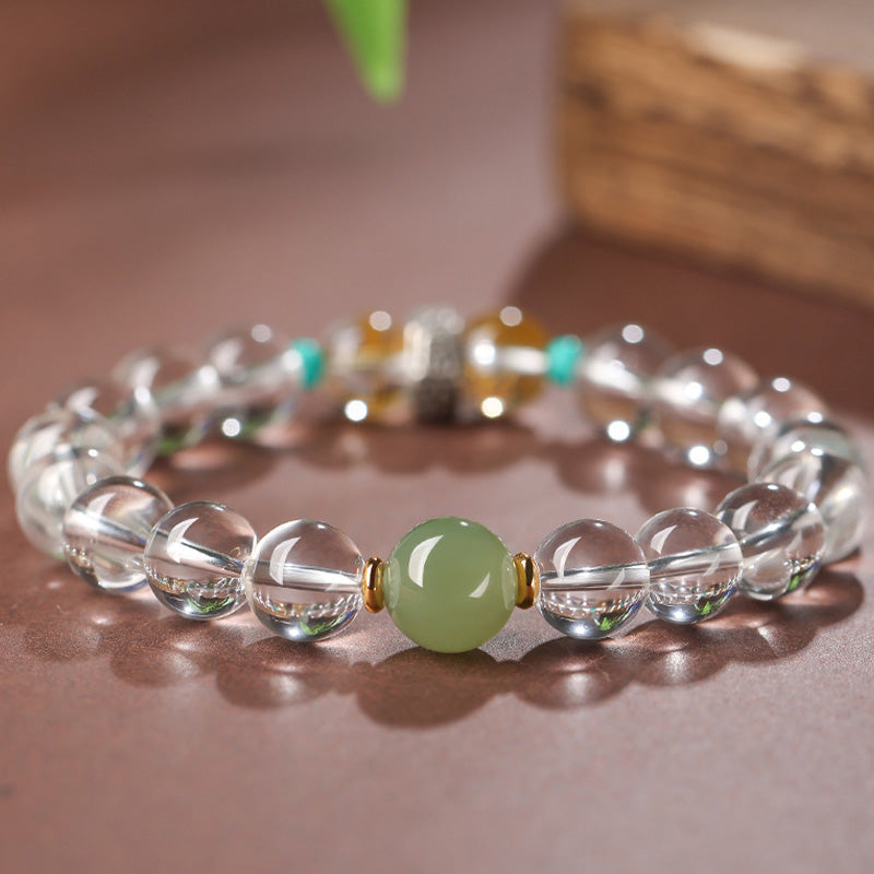 Wear FengShui 925 Sterling Silver Chinese Zodiac Natal Buddha Auspicious Groups White Crystal Hetian Jade Healing Bracelet
