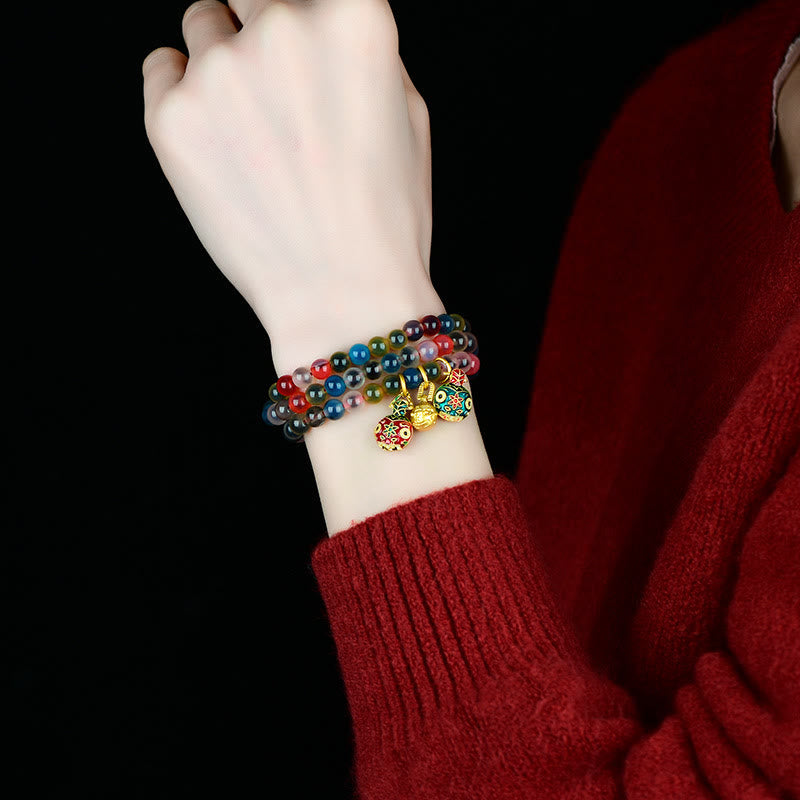 Wear FengShui Colorful Candy Agate Gold Swallowing Beast Family Strength Charm Triple Wrap Bracelet