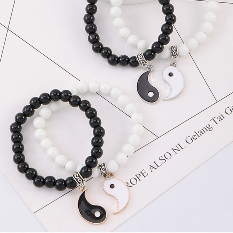 Wear FengShui 2Pcs Black Onyx White Turquoise Bead Yin Yang Protection Couple Bracelet