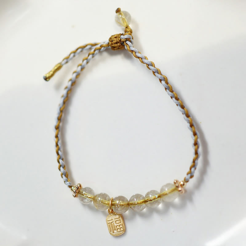 Wear FengShui 925 Sterling Silver Natural Jade Gourd Rutilated Quartz Fu Character Luck Braid Bracelet