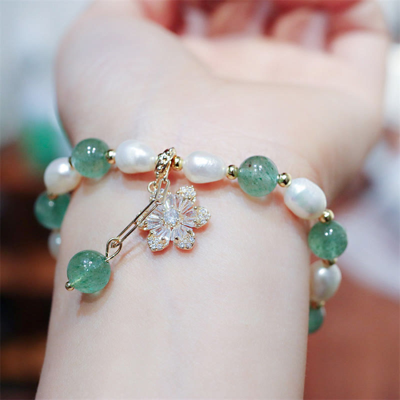 Wear FengShui Natural Green Strawberry Quartz Pearl Flower Charm Love Bracelet