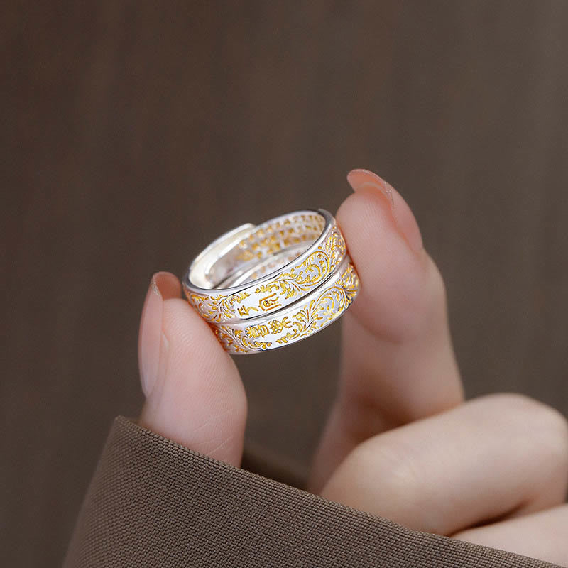 Wear FengShui Peace and Joy Tang Dynasty Flower Design Lotus Heart Sutra Carved Copper Luck Adjustable Ring